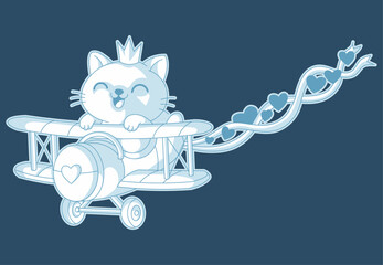 Cartoon mascot clip art of a cat prince flying high on a dragonfly airplane, with a trailing string of love symbols, colored in white, sage, and light turquoise.