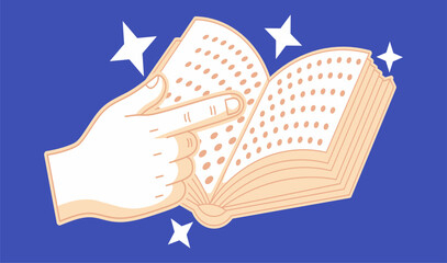 Cartoon symbol art clipart showing a hand pointing at a Braille book to commemorate World Braille Day.
