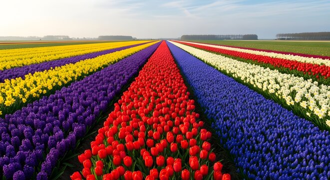 Vibrant striped tulip fields stretching towards the horizon under a clear sky, showcasing a breathtaking spring landscape of colorful blooms in perfect rows - Powered by Adobe