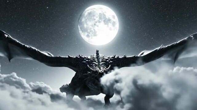 Dramatic low-angle digital artwork features a formidable dragon soaring powerfully through fluffy clouds under a bright full moon at night, rendered in grayscale with a fantasy feel,