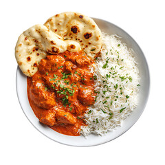 Traditional Indian butter chicken curry with basmati rice and naan bread served on png