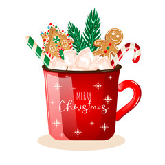 Christmas Hot Chocolate Drink Composition with Marshmallow Fir Branch Gingerbread House and Man Xmas Candy on white Background. Red Christmas Mug Hot Cocoa. New Year Print Concept Drink Hot Chocolate.