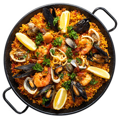 Traditional Spanish seafood paella with shrimp, mussels, calamari, saffron rice, and lemon wedges 