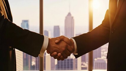 Business handshake in front of a window with city view, agreement concept. - Powered by Adobe
