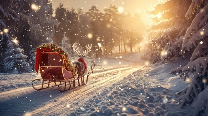 Fototapeta premium Dreamy background of reindeer sleigh on Christmas snow