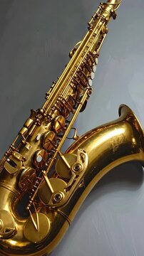 A gleaming saxophone, depicted from the side with intricate keys and a lustrous golden finish