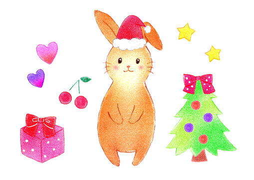 クリスマス 可愛いうさぎの手描きイラスト 女の子 リボン 赤ちゃん 子供向け パステル 色鉛筆 Christmas Cute Bunny Hand-Drawn Illustration Girl Ribbon Baby Child Pastel Colored Pencils