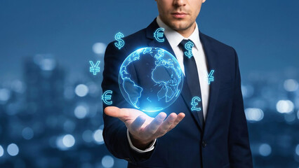 Global Finance Investment and Trade A Businessman Holds the World Currencies of Euro Dollar Yen and Pound Stock Market
