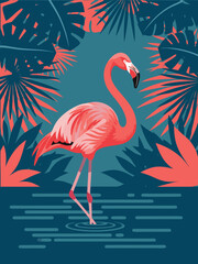 Pink Flamingo in a Tropical Oasis Elegant Bird Amidst Lush Foliage Design