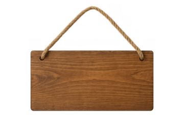 Wooden sign board hanging on rope, blank rustic plank for message, transparent background, clipping path