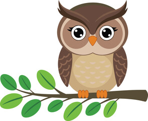 Cartoon owl on tree branch vector illustration, cute bird with big eyes, brown feather design for kids, education, nature, decor