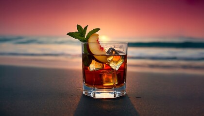 Sunset beach cocktail with peach and mint