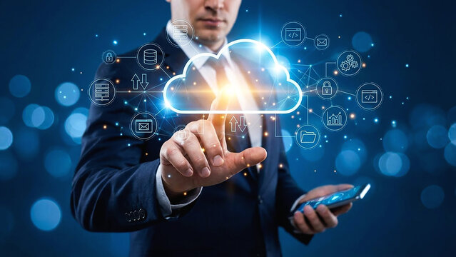 Man Touching Cloud Computing Data Server Network Digital Transformation Internet Technology Information System Business