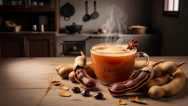 Steaming hot tamarind beverage with star anise on rustic wooden table setting