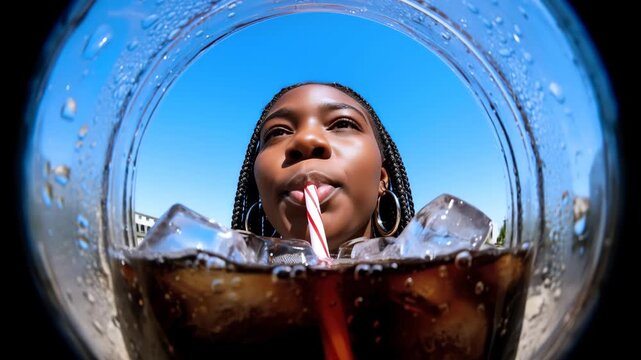 A refreshing dark beverage with ice cubes seen through a glass on a sunny day enjoying a summer drink