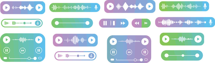 Audio player interface vector set, colorful media controls with waveform, play pause stop icons for app UI, podcast, music design © Snigdha Creatives
