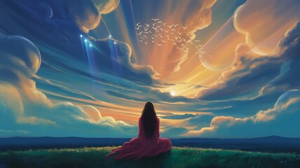 Serene woman beholds fantasy skyscape