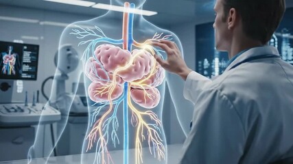 Medical professional examining a digital human body model in a futuristic lab setting. - Powered by Adobe