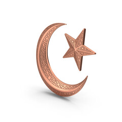 Decorative copper crescent moon and star symbol with ornamental Islamic design © ASHFAQ