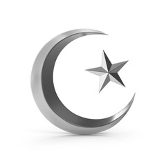 Silver Islamic crescent moon and star symbol with smooth polished finish