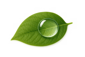 Green leaf with a balancing water drop, representing environmental freshness, purity, and natural clean ecology