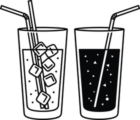 Two Vector Black Outline Glasses of Cold Soda or Soft Drink with Bubbles and Ice Cubes, Featuring Drinking Straws for Beverage and Restaurant Graphics