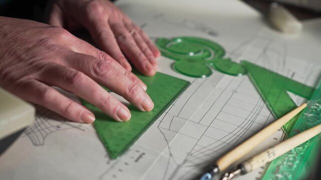 Draftsman using Technical drawing geometry design tools close-up