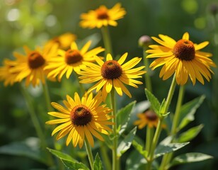 Obraz premium Yellow coneflowers bloom in garden sunlight. Pinnate prairie flowers have dark centers and bright petals. Green leaves surround the blooming plants in nature.