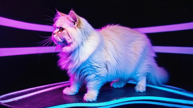 Fluffy White Cat Standing on a Platform with Neon Lights in a Dark Studio
