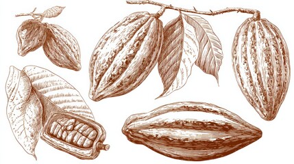 Cocoa Tropical Fruit Template Set Features Hand Drawn Cocoa Beans and Leaves for Cafe Menu Design and Other Uses