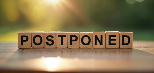 Wooden cubes display word POSTPONED on wooden table. Signifies delay rescheduling something. Concept relates to events, meetings plans got delayed. Background shows bright sunny weather outdoors.