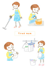 疲れた表情で家事をするエプロン姿の女性のイラストセット