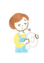 疲れた表情でお皿を拭くエプロン姿の女性のイラスト
