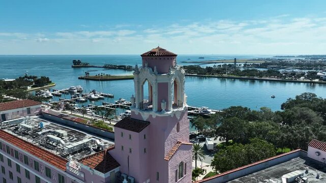 Historic Waterfront Hotel Of Vinoy Resort And Golf Club In St. Petersburg, Florida, United States. Aerial Orbiting Shot