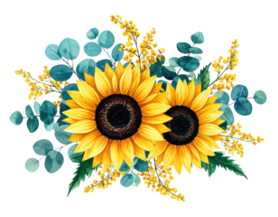 Watercolor floral arrangement with two sunflowers, blue-green leaves, and yellow delicate blossoms