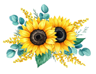 Watercolor bouquet of sunflowers with yellow and teal accents, rendered on a black background