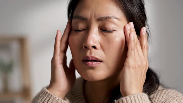 Asian Woman Deals With Intense Pain: Examining Discomfort And Aching Sensations