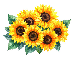 Obraz premium Watercolor illustration of a vibrant sunflower bouquet with yellow petals, green leaves, and black background