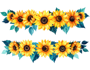 Watercolor depiction of two floral arrangements featuring bright yellow sunflowers and turquoise foliage