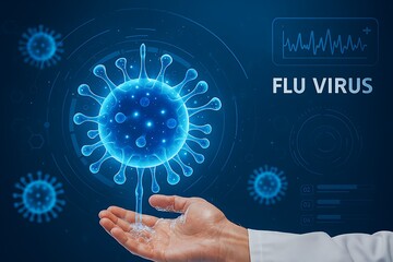 Digital flu virus visualization above human hand in medical research