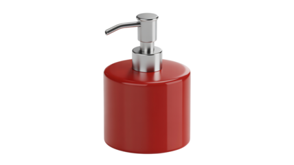 Stylish red soap dispenser with chrome pump for modern bathroom interiors, adding a touch of elegance and hygiene to your daily routine