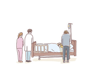 ベッドで横になる患者とその家族、見守る医師と看護師