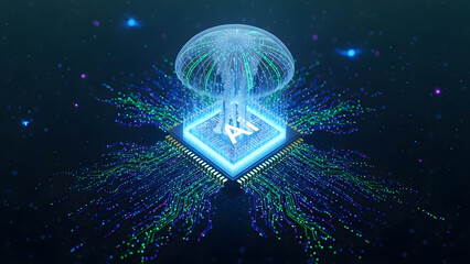 AI Jellyfish Over Processor: Futuristic Artificial Intelligence Concept with Neural Network and Machine Learning Technology