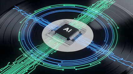 Artificial Intelligence and Music Concept: AI Chip on Vinyl Record with Glowing Circuit Board Patterns - Technology Meets Art