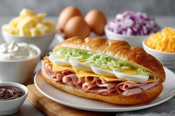Delicious ham, cheese, egg, and lettuce sub sandwich with fresh ingredients