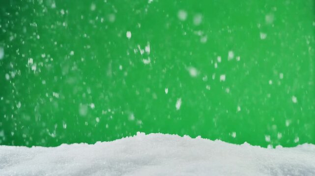 Heavy winter snowfall with realistic snowflakes falling over a snow pile on a green screen chroma key background for video effects
