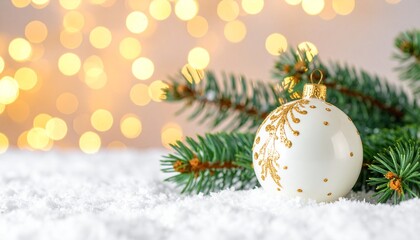 Fototapeta premium Stunning elegant white Christmas ornament with gold detail rests gently on fresh snow beside vibrant evergreen branch with warm bokeh lights