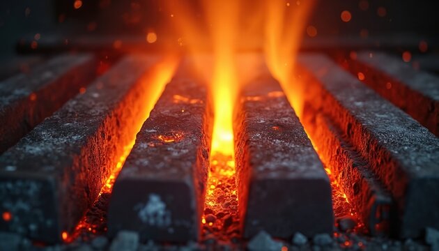 Glowing hot metal bars in forge show intense heat. Sparks fly from molten iron. Close up shows metalworking, traditional craft. Furnace fire heats raw material for industry. Foundry labor transforms