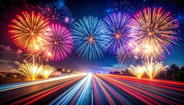Fireworks night sky with long-exposure trails, vibrant colors, glowing festive particles, cinematic New Year atmosphere