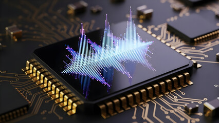 Abstract CPU Chip with Glowing Data Visualization: Innovation in Semiconductor Technology and Digital Processing 
